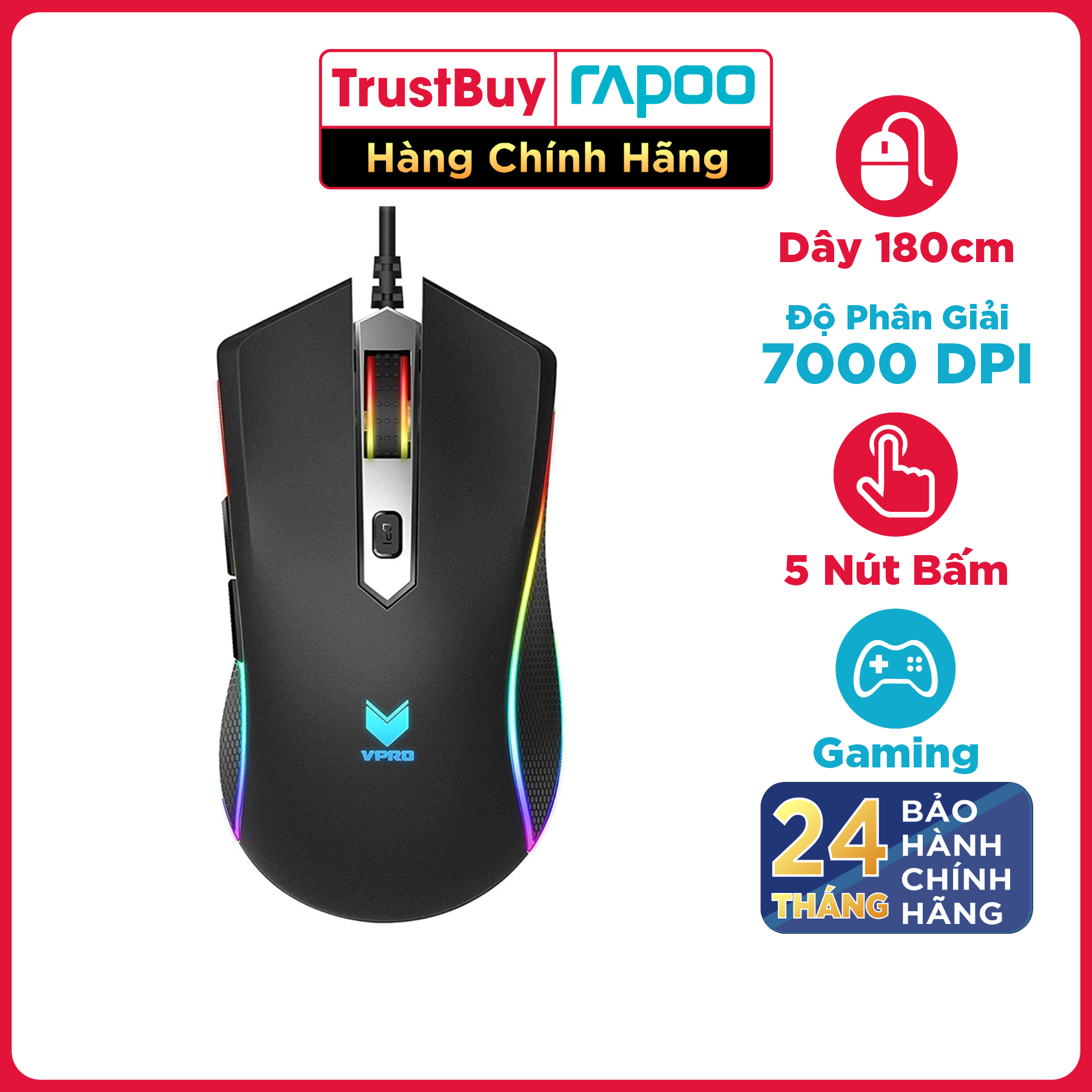 Chuột Gaming Không Dây RAPOO Đến 7000DPI, 7 Mức DPI, Đèn LED 16 Triệu Màu, Thiết Kế Cho Game Thủ - V280 - Hàng Chính Hãng