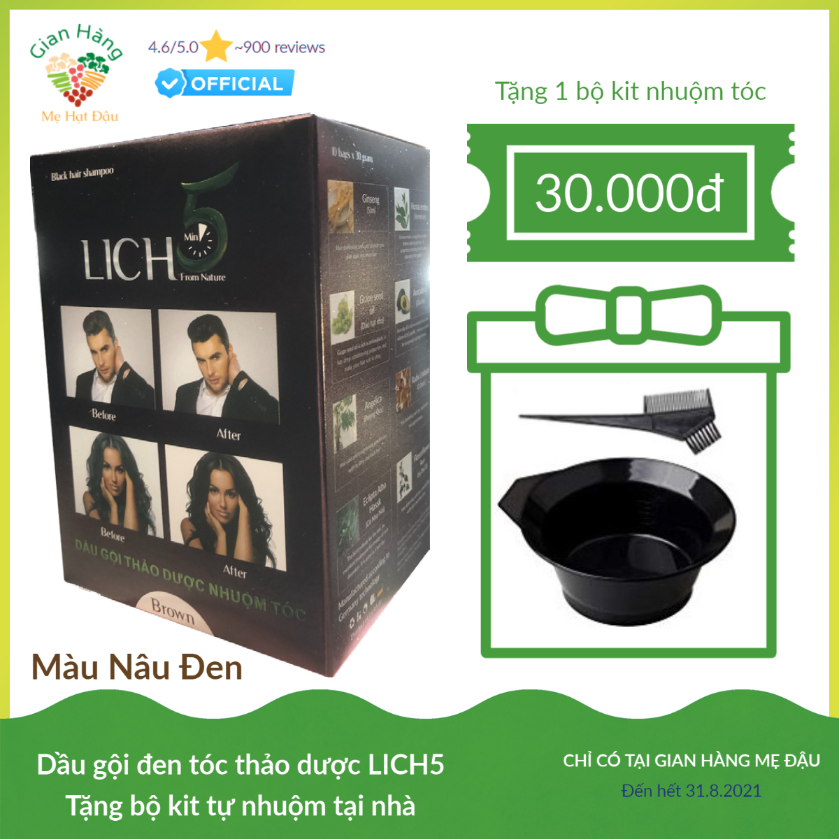 Dầu gội nhuộm tóc Lich5 màu nâu đen - Lên màu tự nhiên - Sử dụng đơn giản, tiện lợi, mùi dễ chịu - Tặng bộ kit tự nhuộm tại nhà