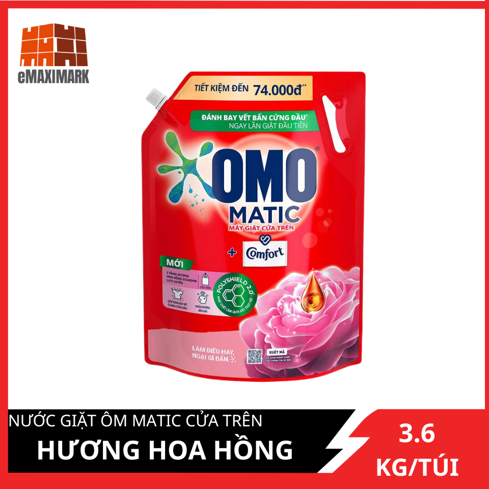 Nước Giặt Omo Matic Cửa Trên Hương Hoa Hồng Ecuador Túi 3,6kg