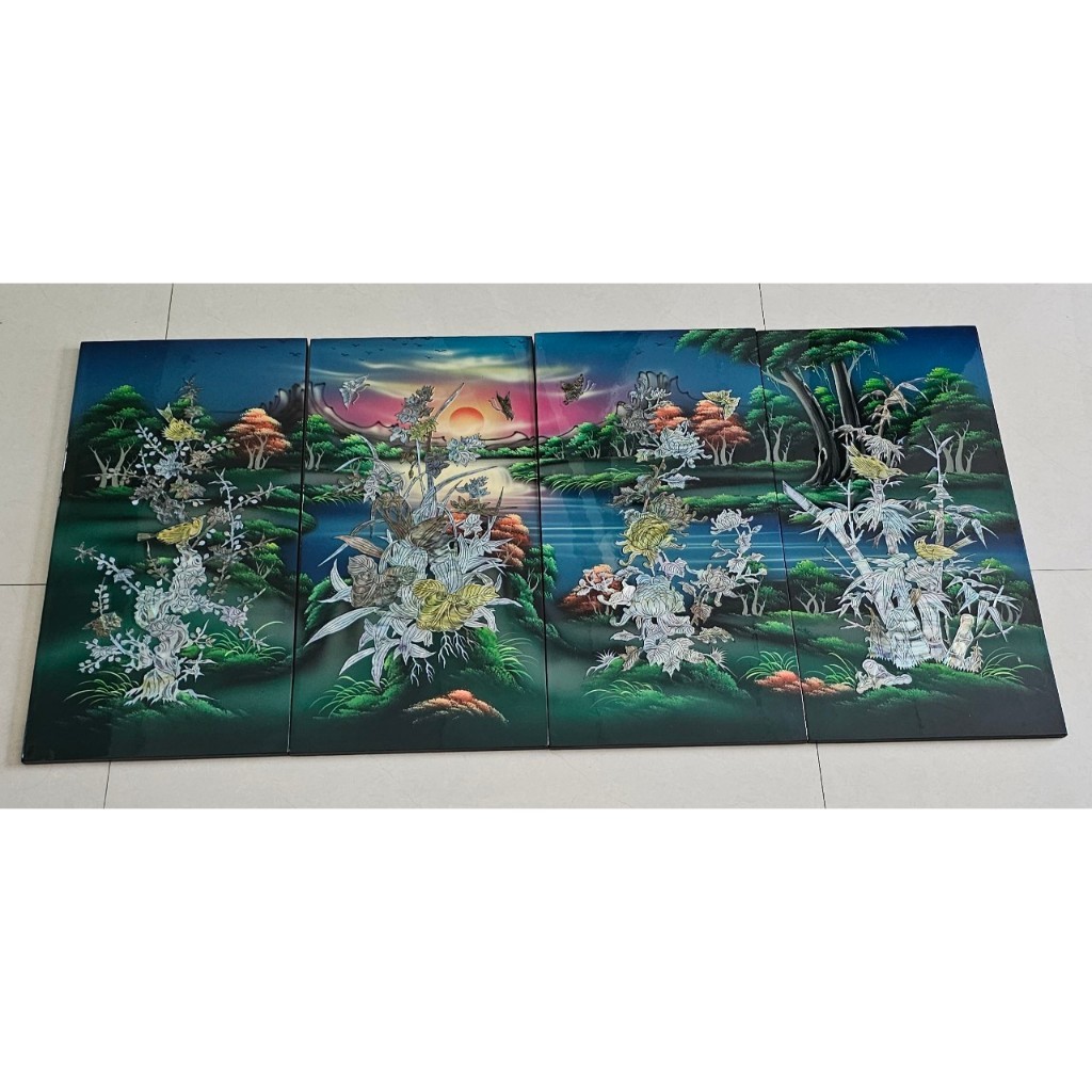 Tranh sơn mài 4 mùa Mai Lan Cúc Trúc cẩn ốc nổi size 60x120 cm