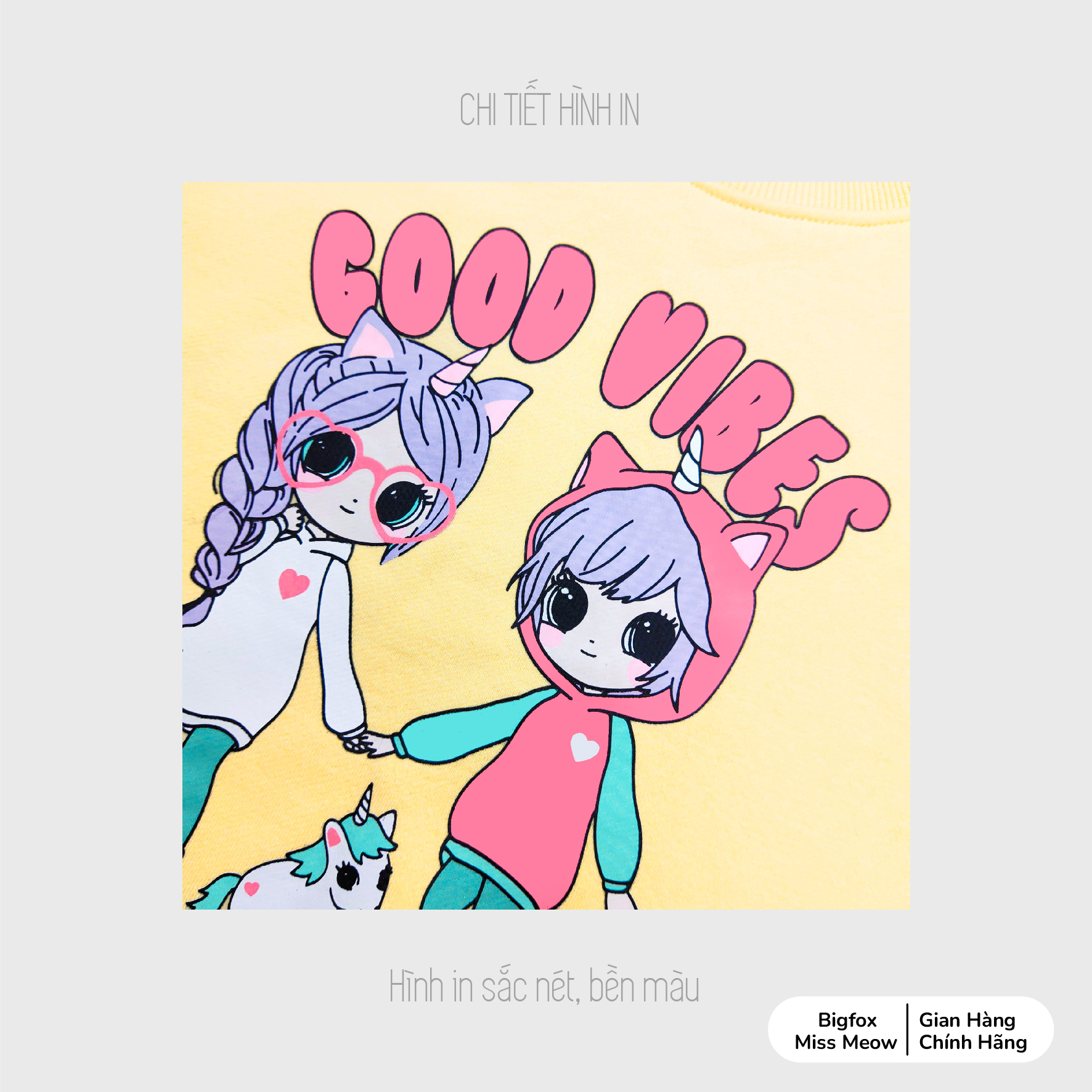 Bộ thu đông bé gái Bigfox Miss Meow size đại, bộ nỉ cho bé vải nỉ bông dày dặn in hai cô gái Good Vibes size 3,4…11 tuổi