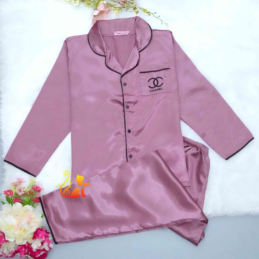 Đồ bộ Pijama Phi Lụa Viền " Thêu Chữ " tay dài cao cấp - Dưới 60kg
