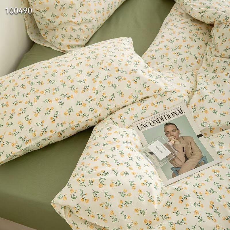 Bộ Chăn Ga Gối Cotton Living 100%cotton Hàng Nhập Khẩu Cao Cấp 4 Món Hoa Vintage Nhí Xanh