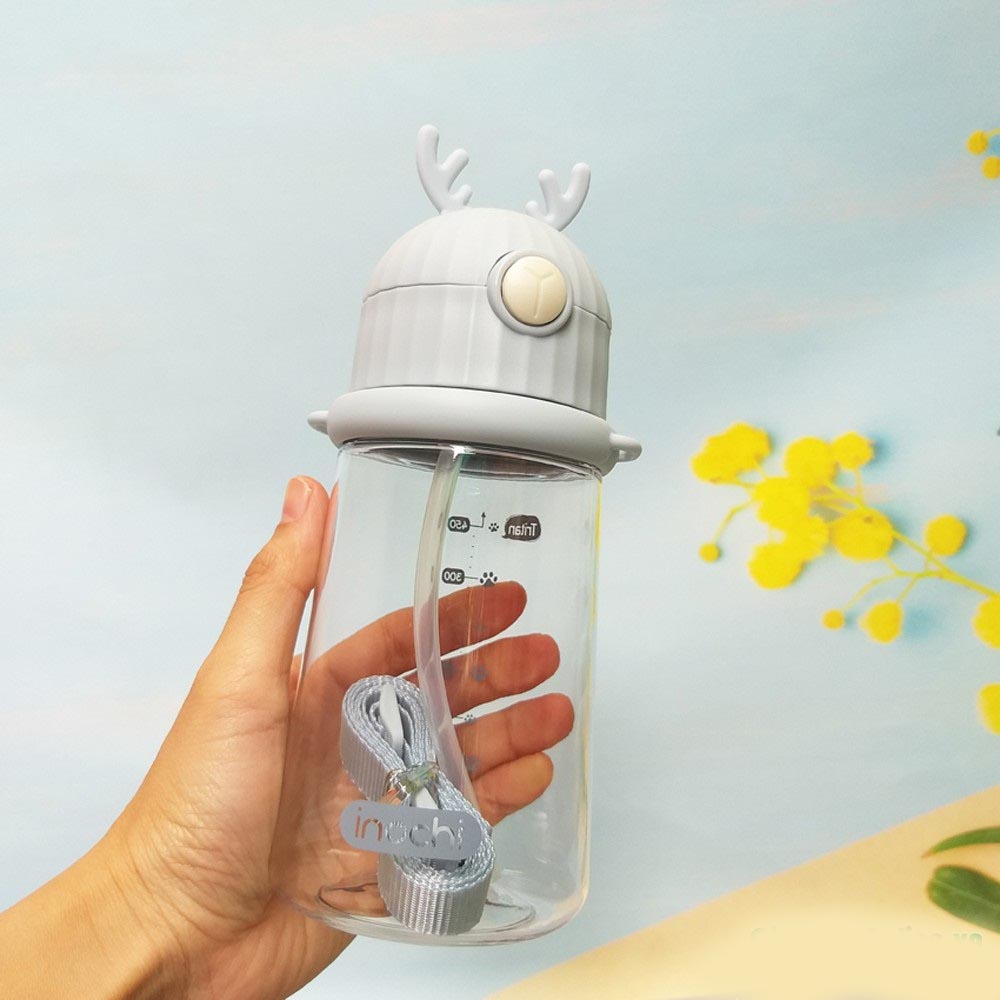 Bình nước có ống mút, có dây đeo Goki Rudy 450ml nắp xừng hươu ngộ nghĩnh - Hàng xuất Nhật