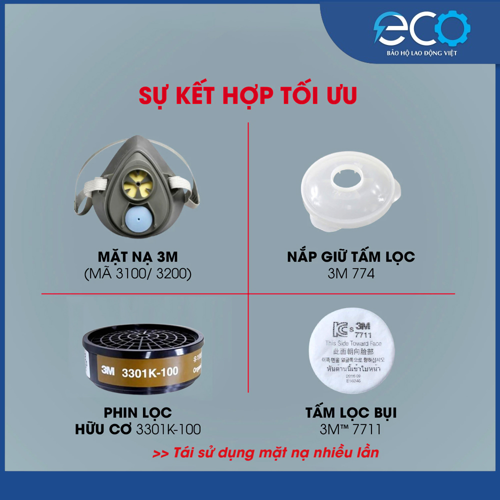 Combo nguyên bộ 4 món mặt nạ phòng độc 3M 3100/ 3200 + phin lọc 3M 3301K-100 + tấm lọc bụi 3M 7711 + nắp giữ tấm lọc 3M 774