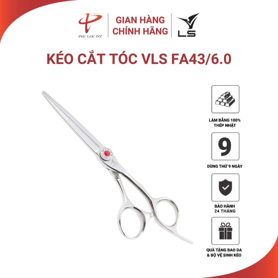 Kéo cắt tóc VLS FA43/6.0 lưỡi convex thẳng quai offset vênh đỡ ngón cố định - Hàng chính hãng