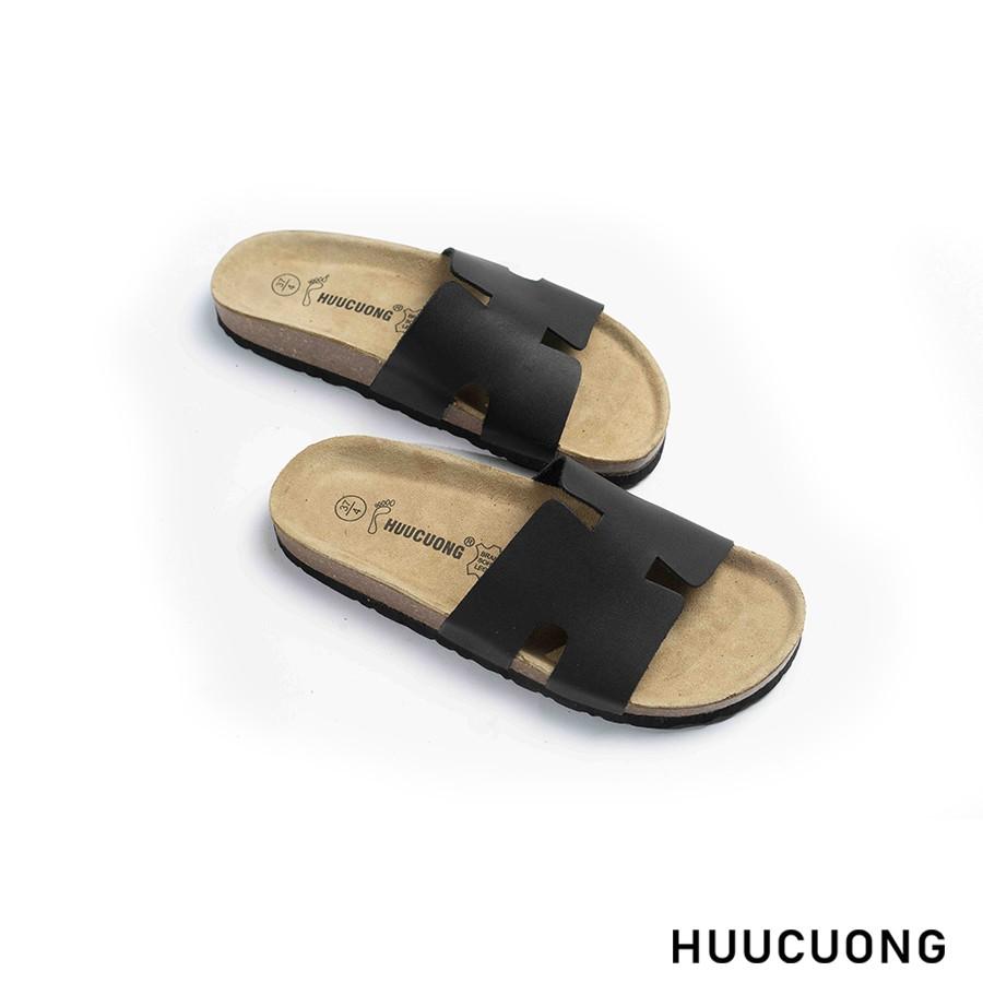 Dép unisex Huucuong chữ H da bò đen đế trấu handmade