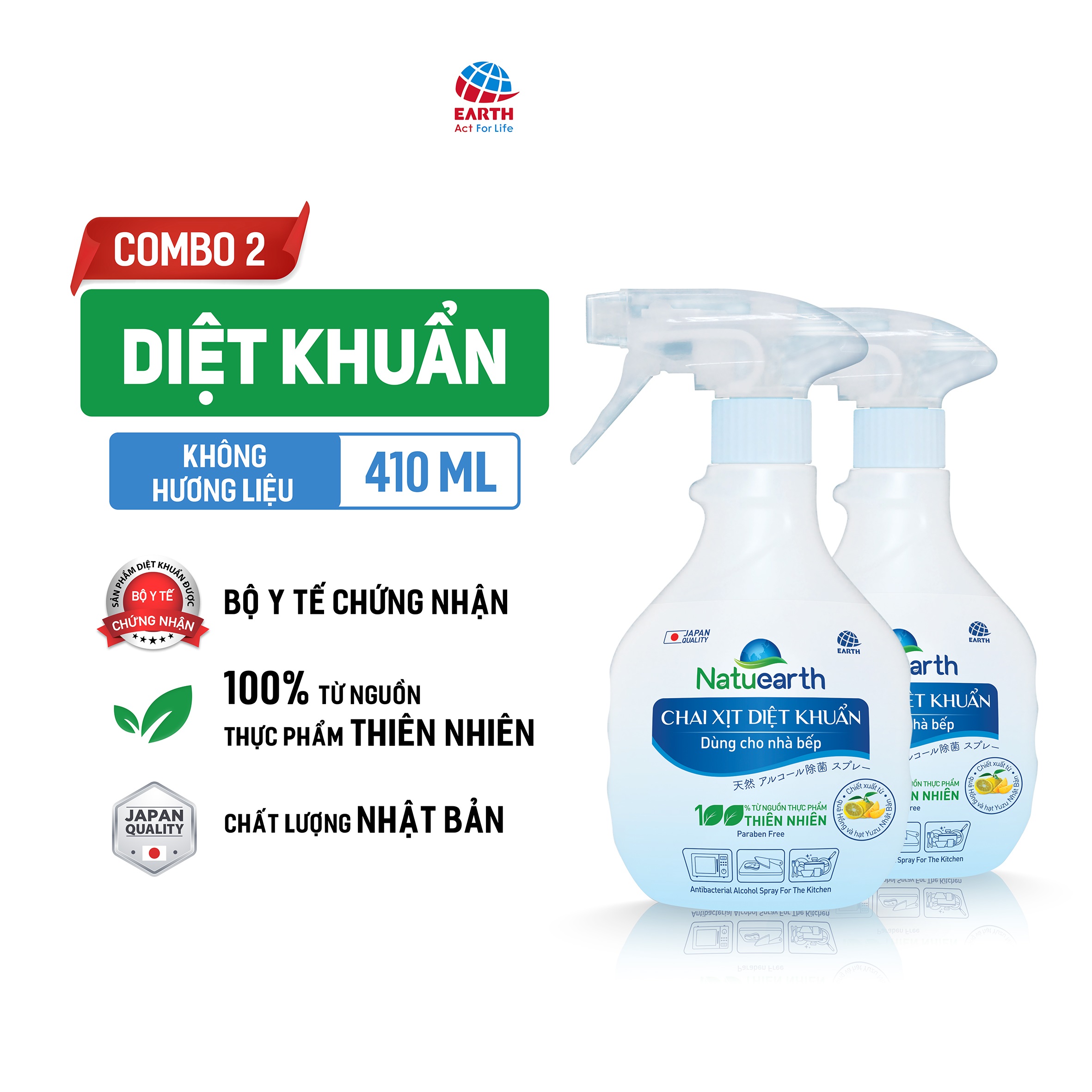 Combo 2 Chai xịt diệt khuẩn Natuearth 410 ml - Chuyên diệt khuẩn cho nhà bếp và da tay - với 100% nguyên liệu thiên nhiên theo công nghệ Nhật Bản