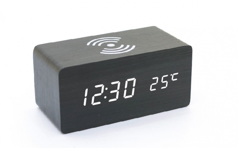 Đồng hồ gỗ led để bàn cao cấp, hiển thị nhiệt độ, cảm biến âm &amp; sạc điện thoại không dây - Hàng nhập khẩu