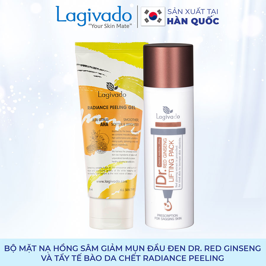 Bộ đôi Gel mặt nạ hồng sâm giảm mụn đầu đen Hàn Quốc Lagivado Dr. Red Ginseng 50 ml và tẩy tế bào da chết Radiance Peeling 50 ml.