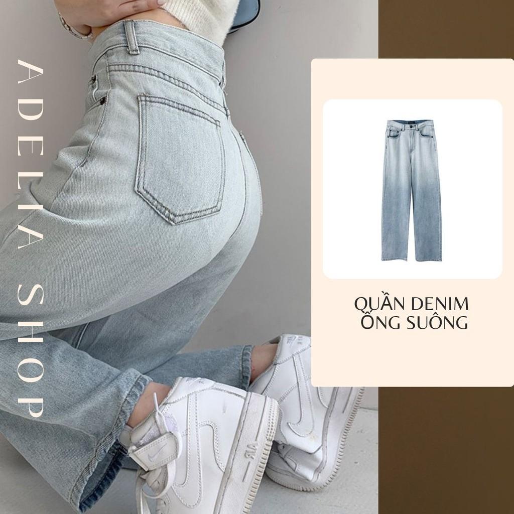 Quần bò nữ dáng dài ống rộng lưng cao, Quần jeans suông phong cách thời trang Hàn Quốc