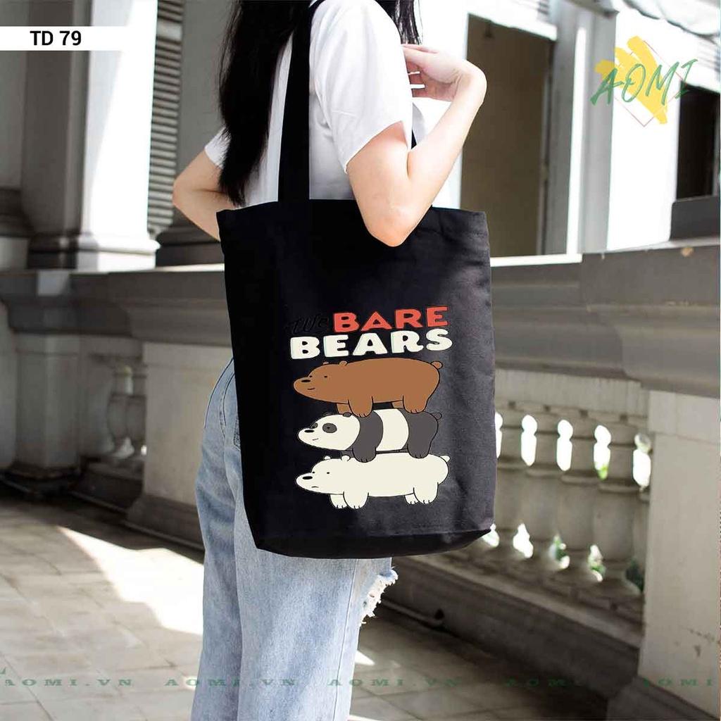 TOTE CANVAS GẤU WE ARE BEARS TÚI VẢI ĐEO VAI BAG KHÓA KÉO SIZE LỚN 33x38cm AOMIVN MÀU ĐEN TRẮNG