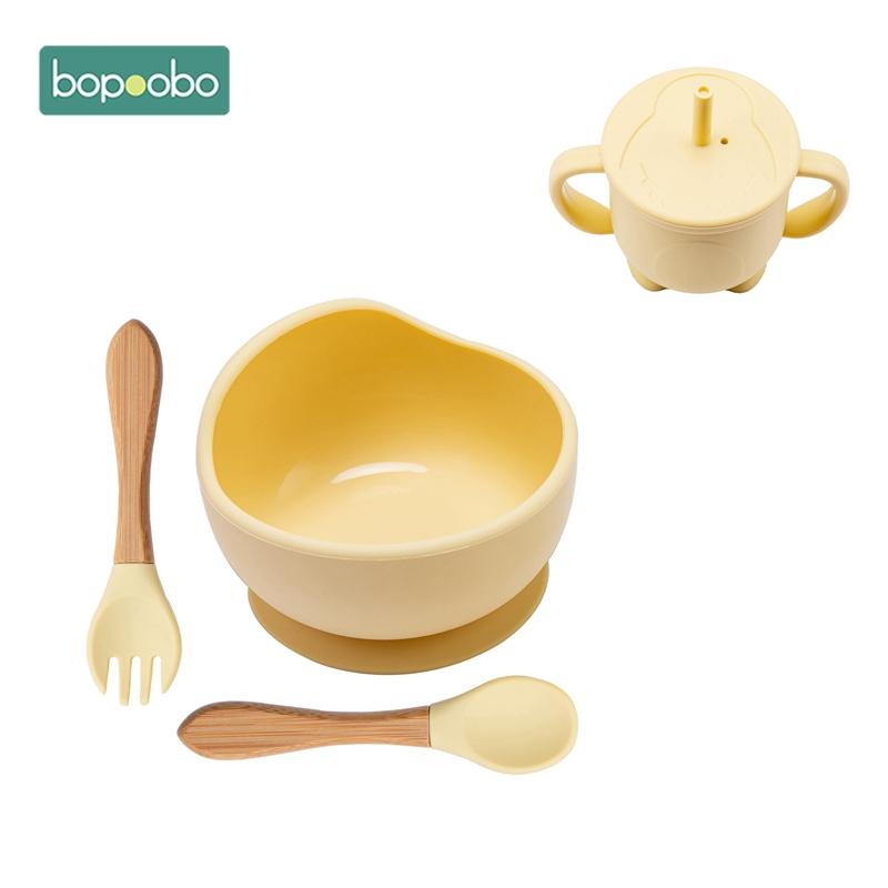 Dẻo Silicone Cho Bé BÁt 4Pc/1 Bộ Bộ Đồ Ăn Chống Thấm Cho Bé Học Tập Tô Bộ Gỗ Giỏ Muỗng Nĩa Không chống Trượt Cho Trẻ Học
