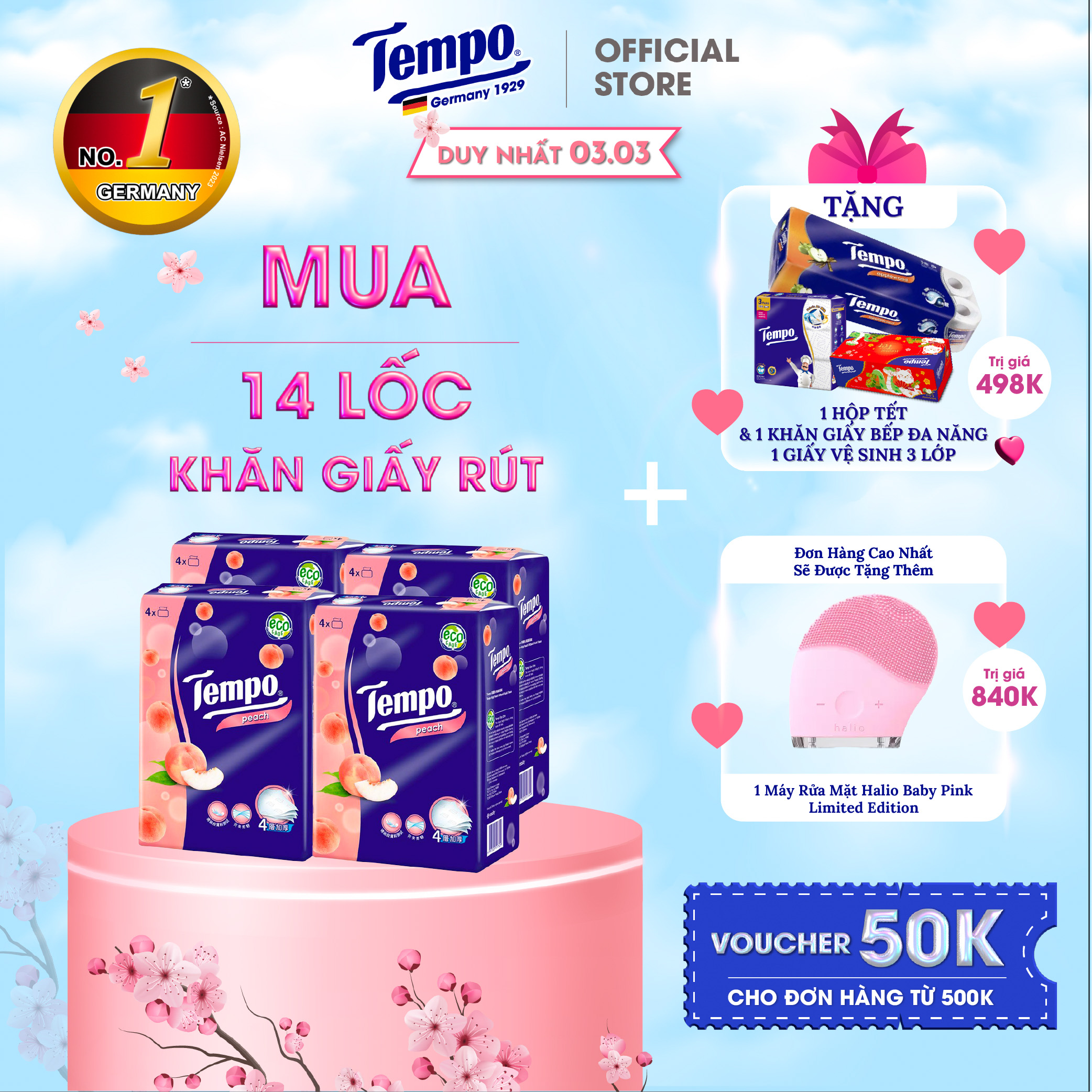 [MUA 14 LỐC TẶNG 1 LỐC GVS 3 LỚP VÀ 1 LỐC GVS 3 LỚP + 1 BĂNG ĐÔ THỎ + 1 CHAI NIVEA] Khăn Giấy Rút Tempo 4 Lớp Bền Dai Thương Hiệu Đức