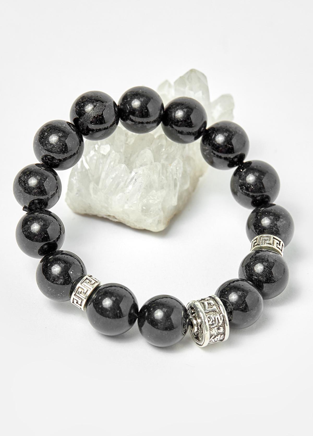 Vòng nam thạch anh tóc đen phối charm bạc lục tự hạt 13mm mệnh thủy, mộc - Ngọc Quý Gemstones