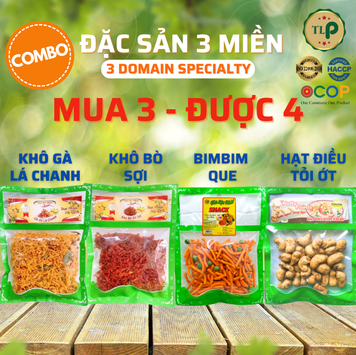 COMBO 4 GÓI ĐẶC SẢN 3 MIỀN (KHÔ GÀ, KHÔ BÒ, BIMBIM QUE, ĐIỀU TỎI ỚT) TÂN LỘC PHÁT