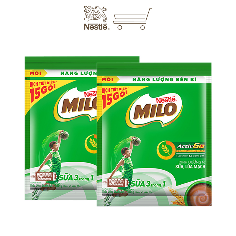 Combo 2 bịch thức uống lúa mạch Nestlé Milo sữa 3 trong 1 (Bịch 15 gói x 22g)