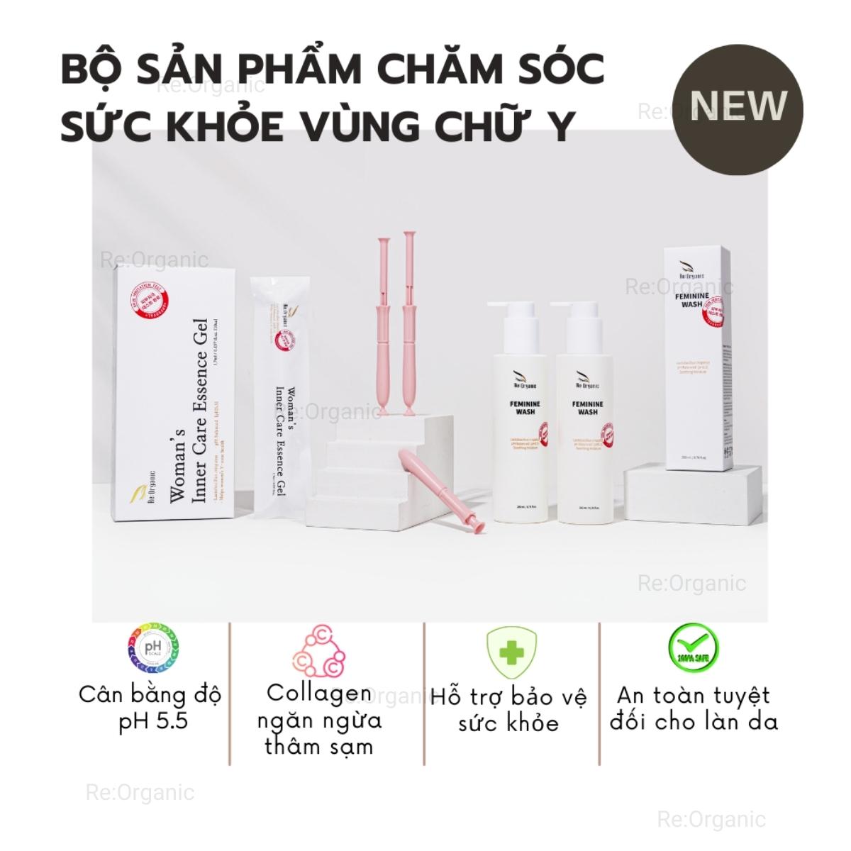 Combo dung dịch vệ sinh chăm sóc phụ khoa Re:Organic Feminine Wash 200ml, Gel đũa thần phụ khoa Woman's Inner Care Essence Gel