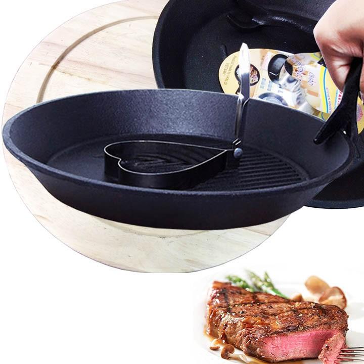 Combo 10 bộ Bộ chảo gang tròn chống dính kèm đế lót gỗ làm bít tết kiểu mới
