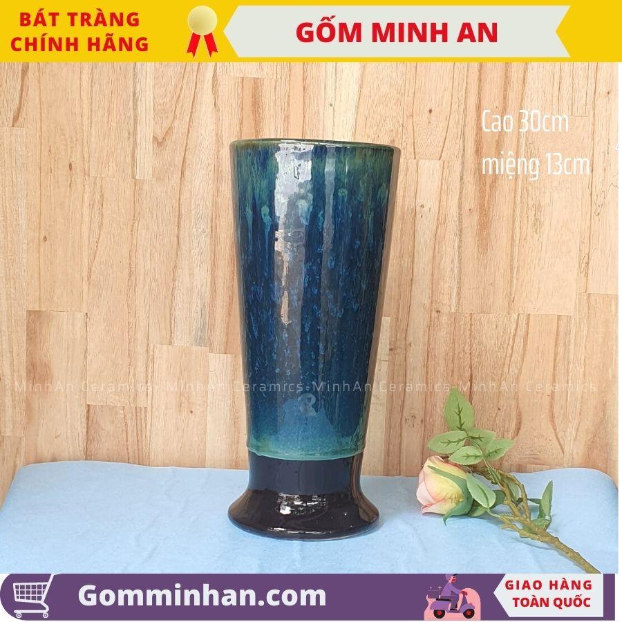 Bình Hoa Lọ Hoa Màu Xanh Dáng Cao Miệng Rộng Men Hỏa Biến Xanh Ngọc- Gốm Sứ Bát Tràng- Gốm Minh An