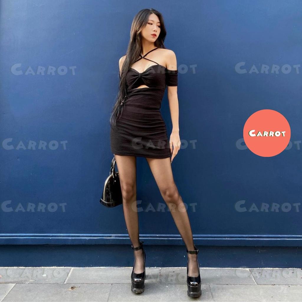 Đầm body sexy 2 dây hở lưng váy thiết kế ôm đen tay ngắn chất thun sang chảnh carrotxinhdep