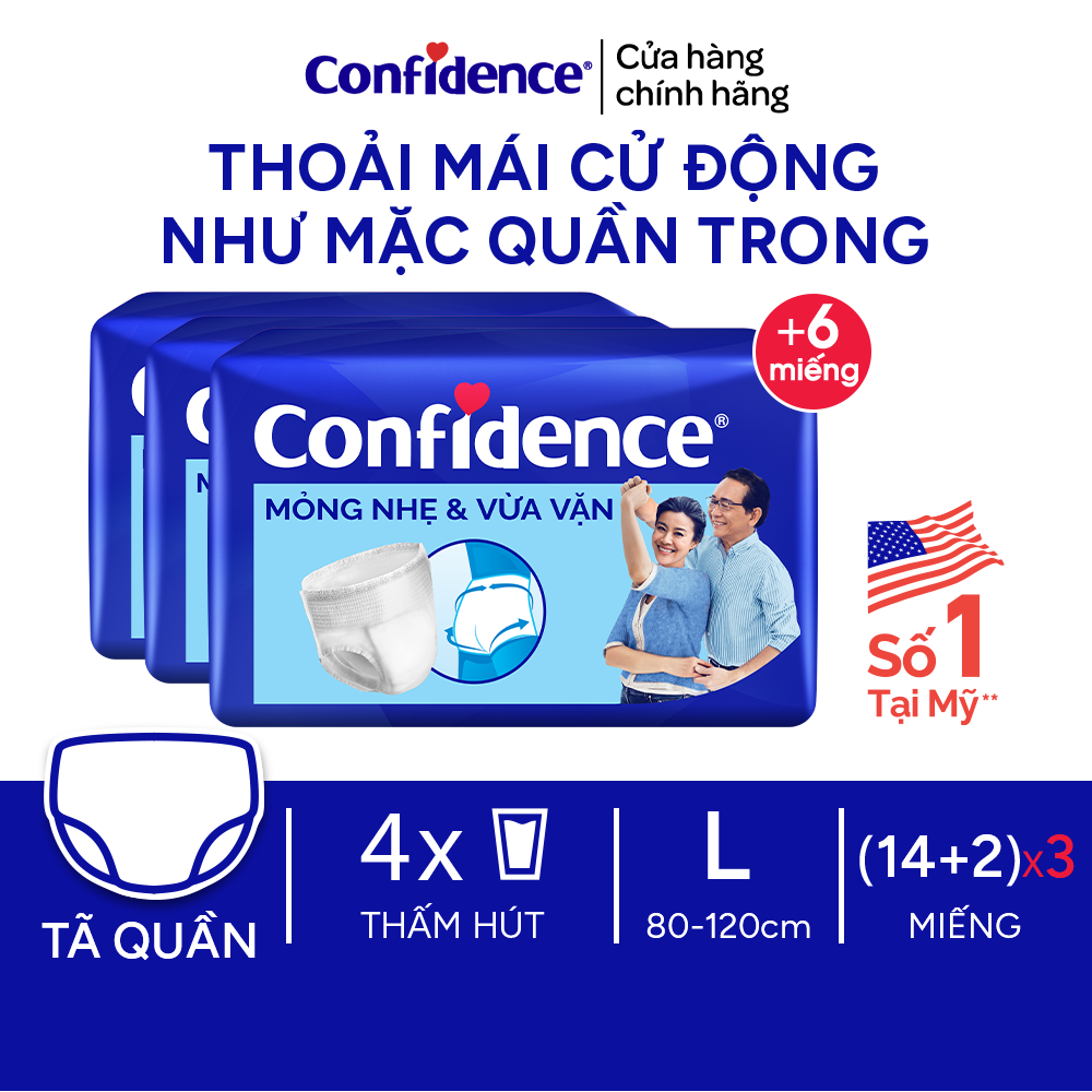 Thùng 3 gói Tã quần người lớn Confidence Slim&amp;Fit mỏng nhẹ vừa vặn size M/L gói 16/14 +2 miếng