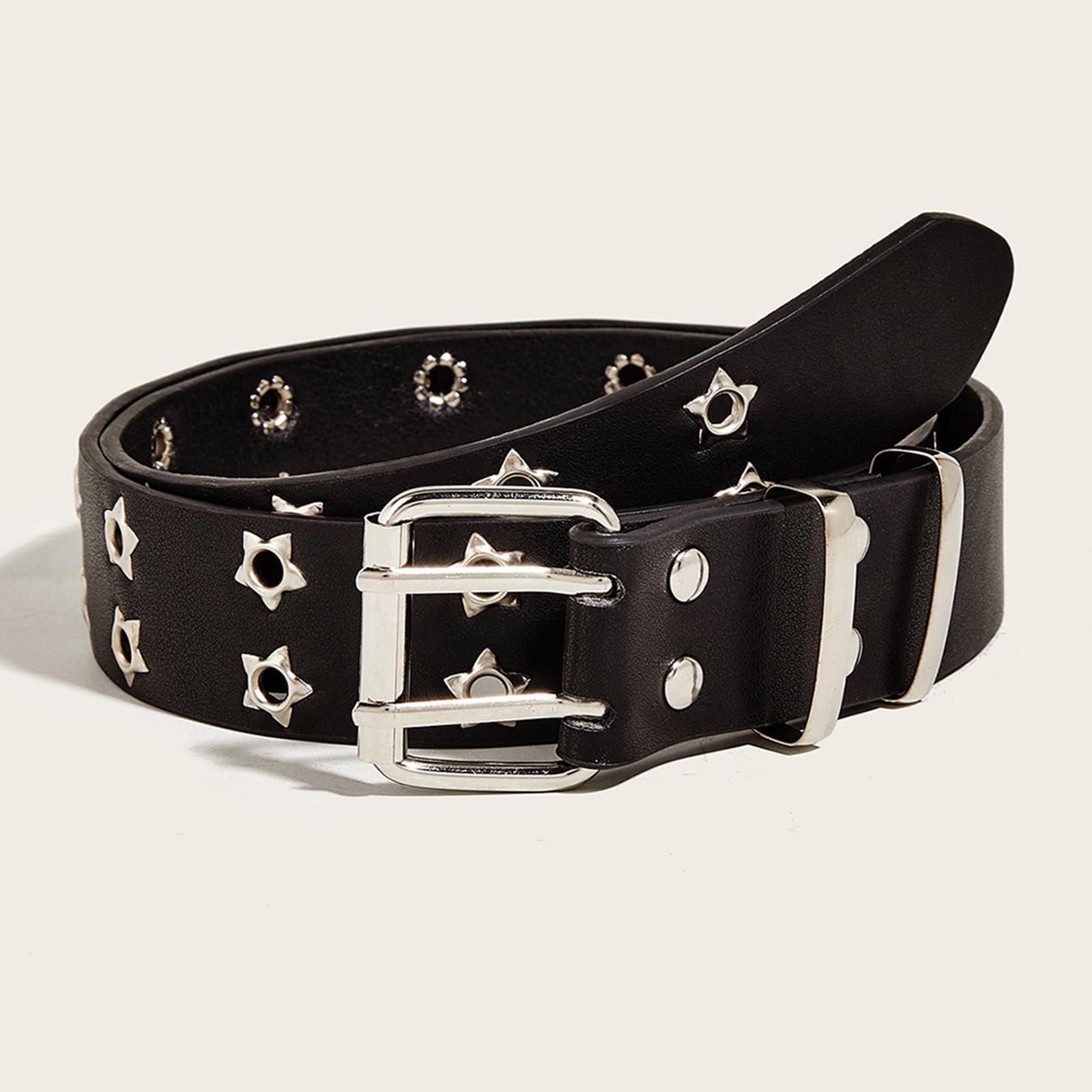 Fashion Women Leather Belt Double Grommet Belt Metal Buckle Gothic Punk Belt Adjustable