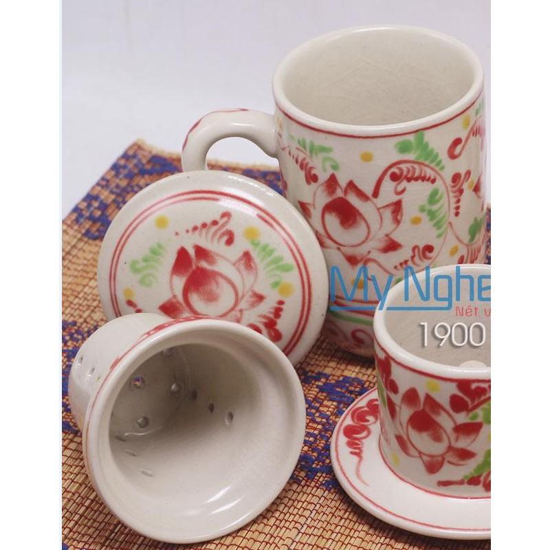 Ly Lọc Trà Bát Tràng họa tiết vẽ hoa sen xanh MNV-LS006/7