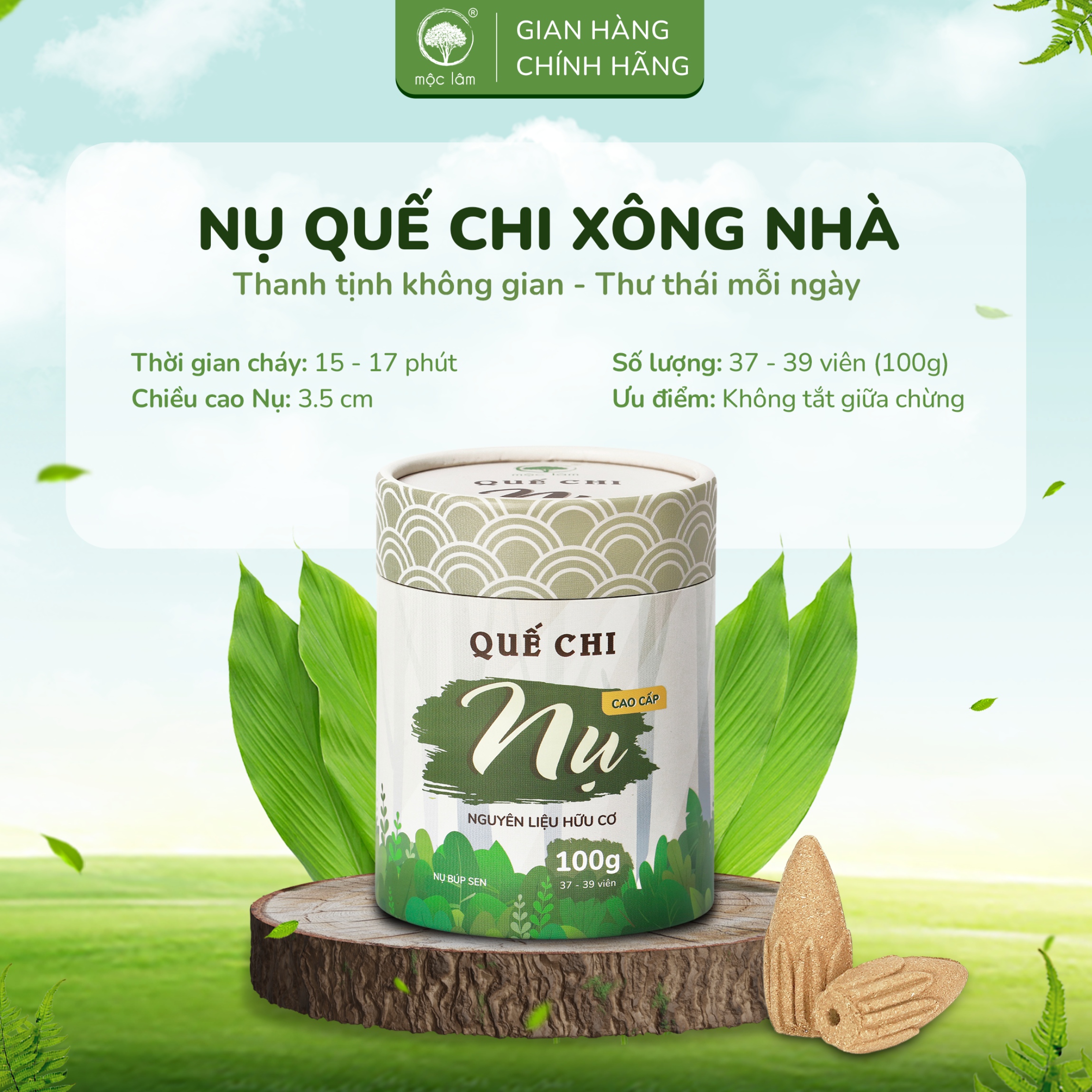 Nhang Nụ Quế Chi 100g - MỘC LÂM, Nhang Nụ Khói Ngược Cao Cấp Xông Nhà Thanh Tẩy