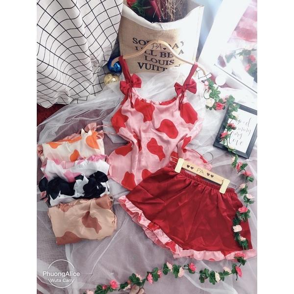 Set Đồ Ngủ Áo Hai Dây Bò Sữa + Quần Ngắn Vải Lụa Satin Gợi Cảm Cho Nữ