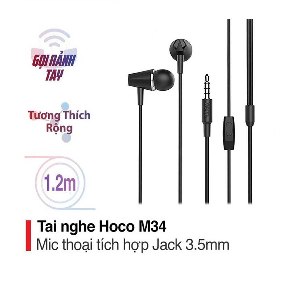 Tai nghe nhét tai Hoco dây tròn M34 dài 1.2M cho mọi thiết bị ( 2 màu ) - Hàng chính hãng