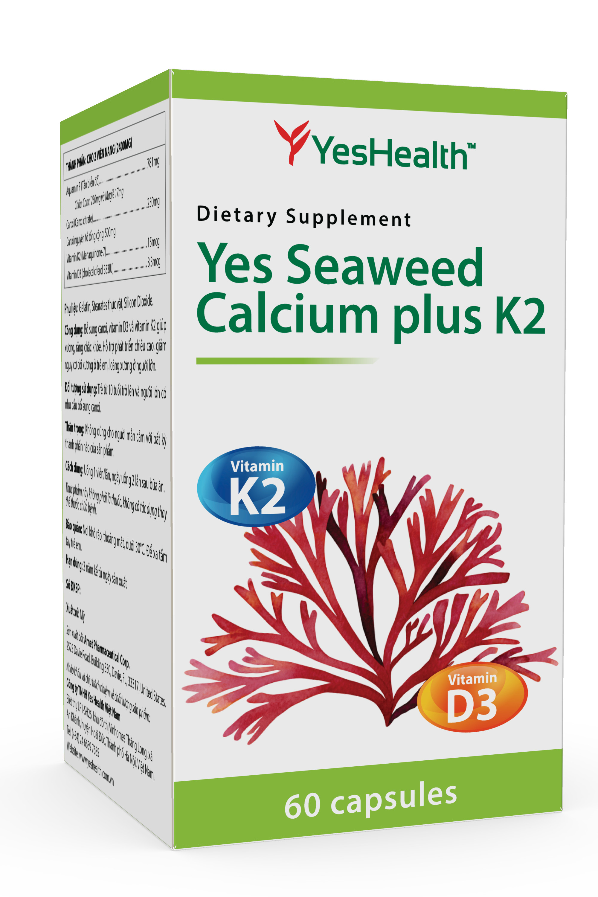 Thực phẩm bảo vệ sức khỏe Yes Health Yes Seaweed Calcium plus K2 - Viên uống bổ sung Canxi tảo biển đỏ, D3, K2, hỗ trợ xương và răng chắc khỏe
