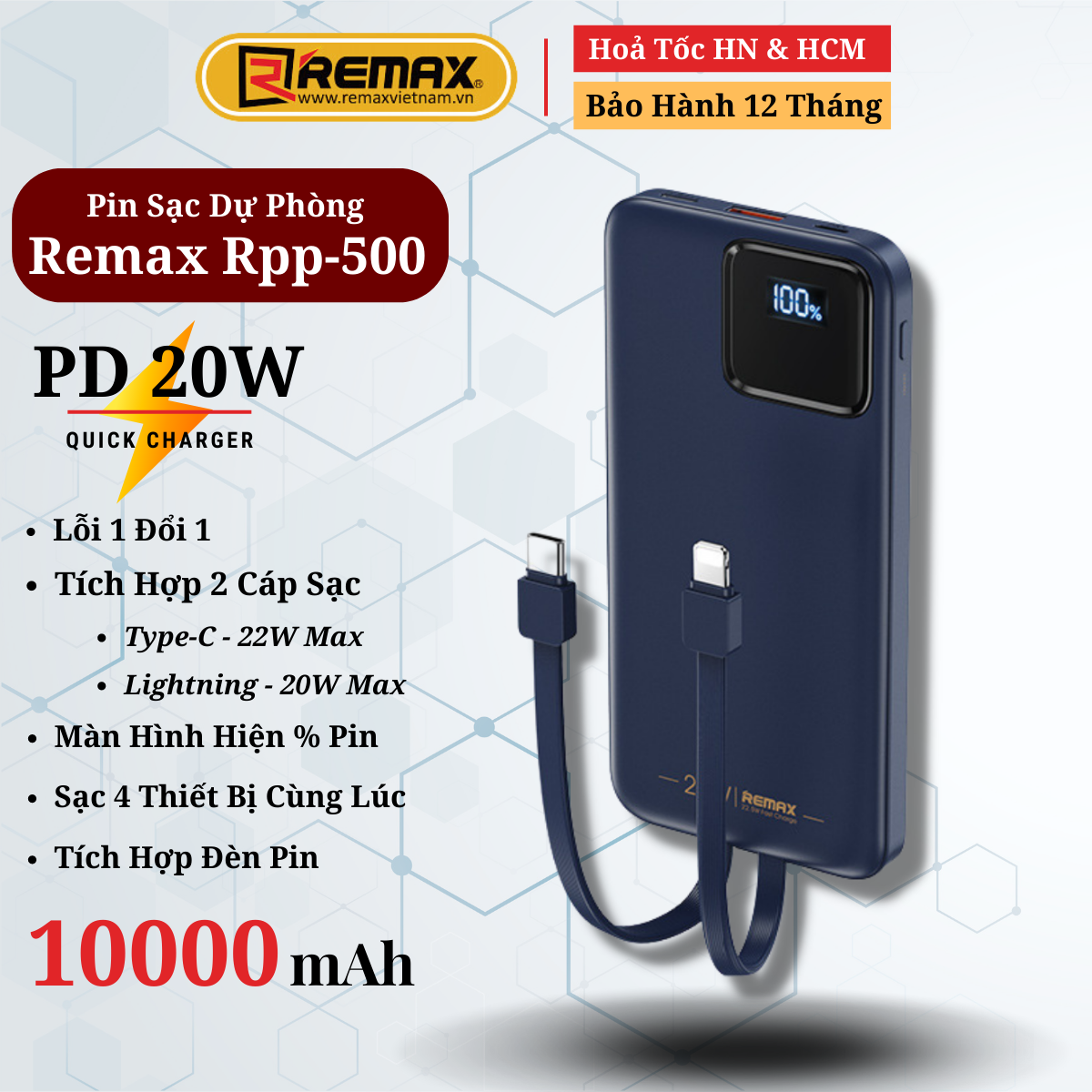 Pin dự phòng 10000mAh 22.5W Remax RPP-500 Tích hợp 2 cáp sạc nhanh Type C và Lighning Hàng Chính Hãng Remax Bảo Hành 1 Đổi 1 Trong 12 Tháng