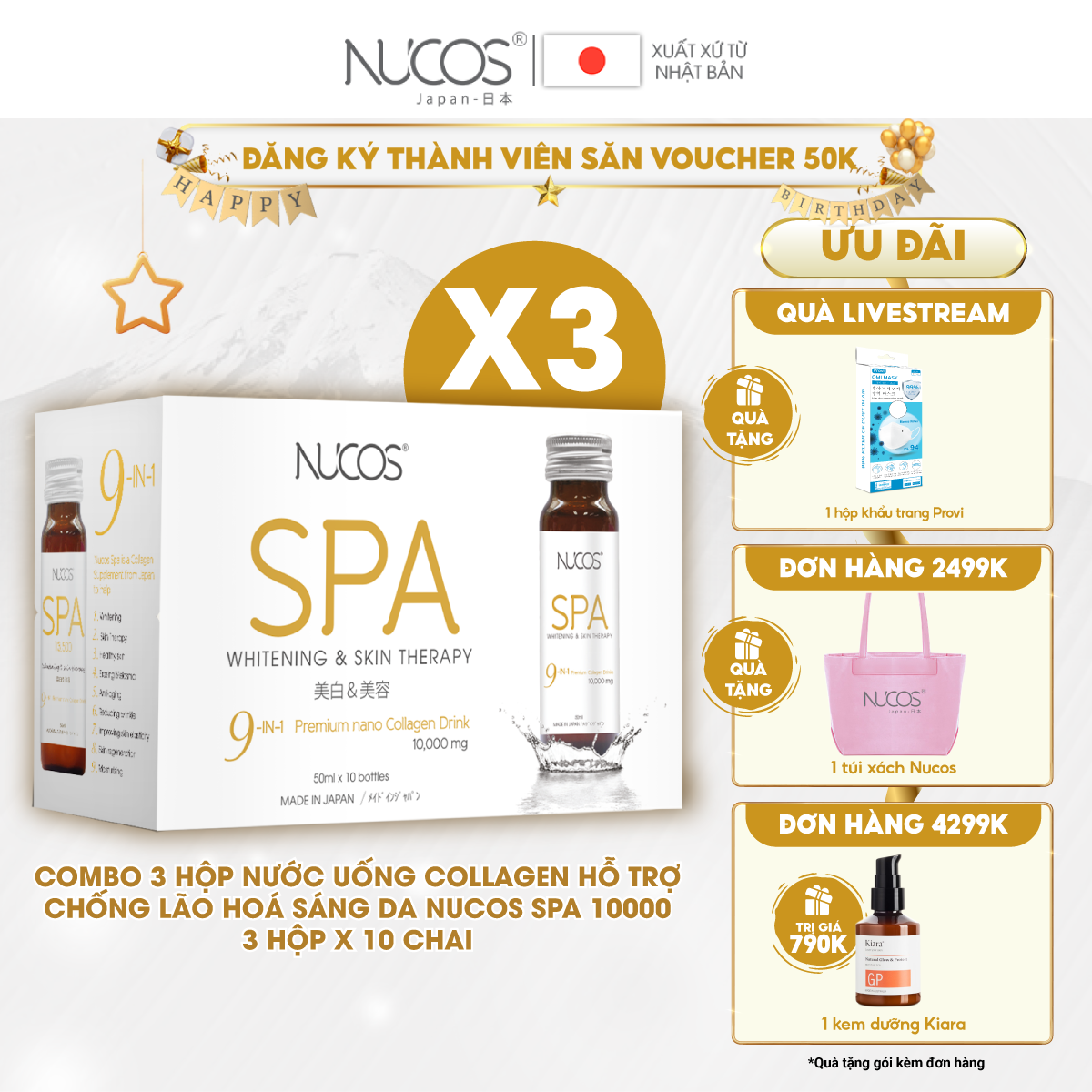 Combo 3 Hộp Collagen nước căng bóng da ngừa lão hóa Nucos Spa 10000 3 Hộp x 50ml x 10 chai
