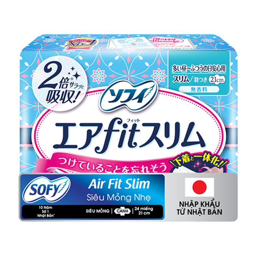 Băng vệ sinh siêu mỏng mịn cho da Sofy Air Fit Slim 21cm có cánh gói 24 miếng (Nhập khẩu từ Nhật Bản)