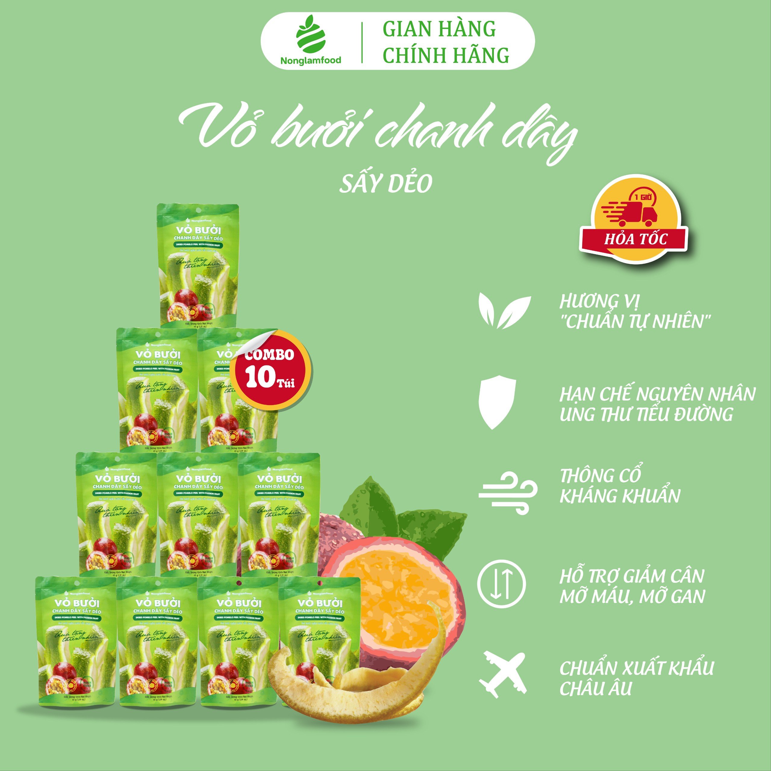 [Mua 10 tặng 2] Combo 10 túi Trái cây sấy ăn vặt tăng đề kháng, ăn kiêng, đẹp da Nonglamfood (Cam lát 45g, Mít 45g, Bưởi chanh dây 45g, Dừa giòn 45g)