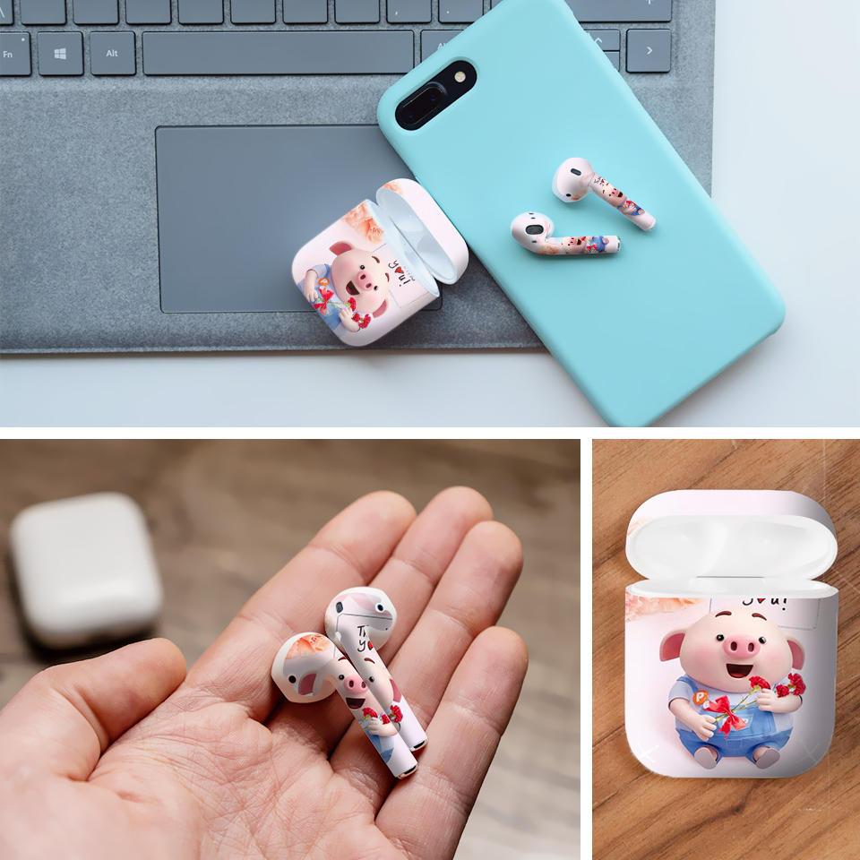 Miếng dán skin chống bẩn cho tai nghe AirPods in hình Heo con dễ thương - HEO2k19 - 186 (bản không dây 1 và 2