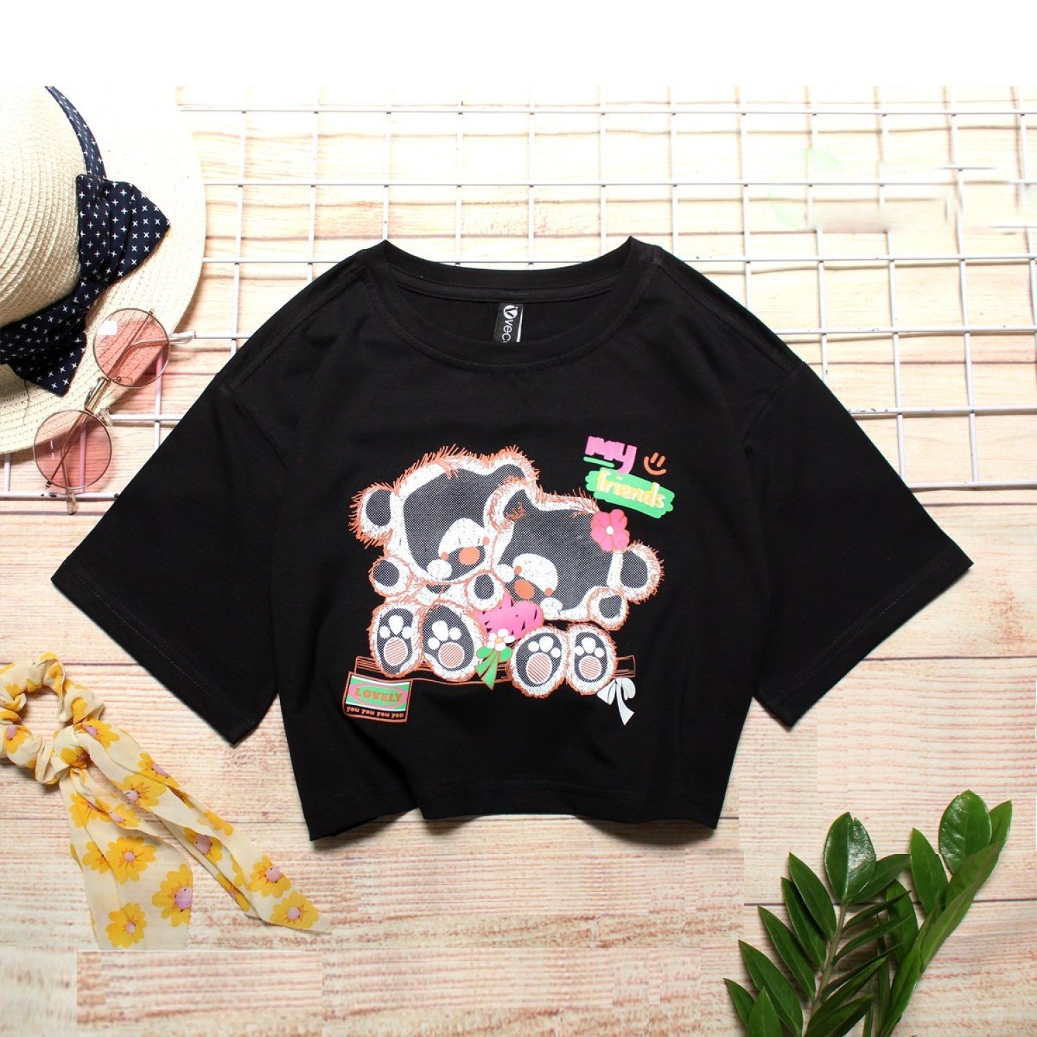 G01XXL Áo Thun Đen Croptop Tay Ngắn Size Siêu Đại Cho Bé Gái Tuổi Teen , Thun cotton mịn mát
