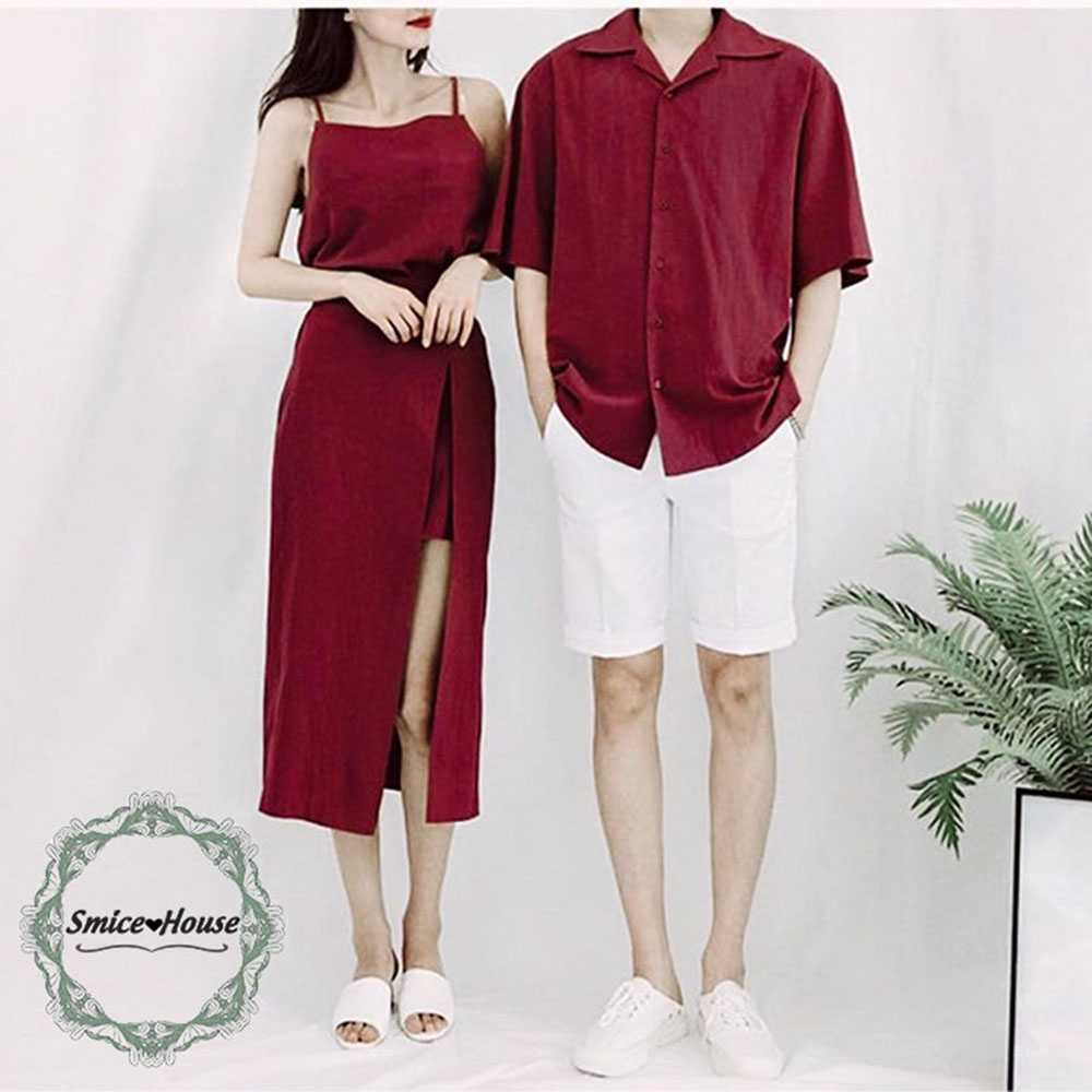 Áo đôi nam nữ Set áo váy sơ mi cặp couple màu đỏ, màu xanh đen Hàn Quốc đi du lịch chụp hình cưới - Smice House