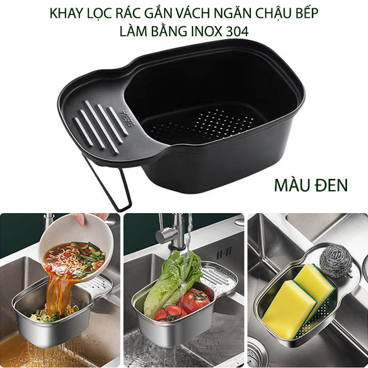 Khay lọc rác thông minh, để đồ củ quả ráo nước, gác vách ngăn chậu rửa bát đôi, làm bằng inox 304 (I304P3)