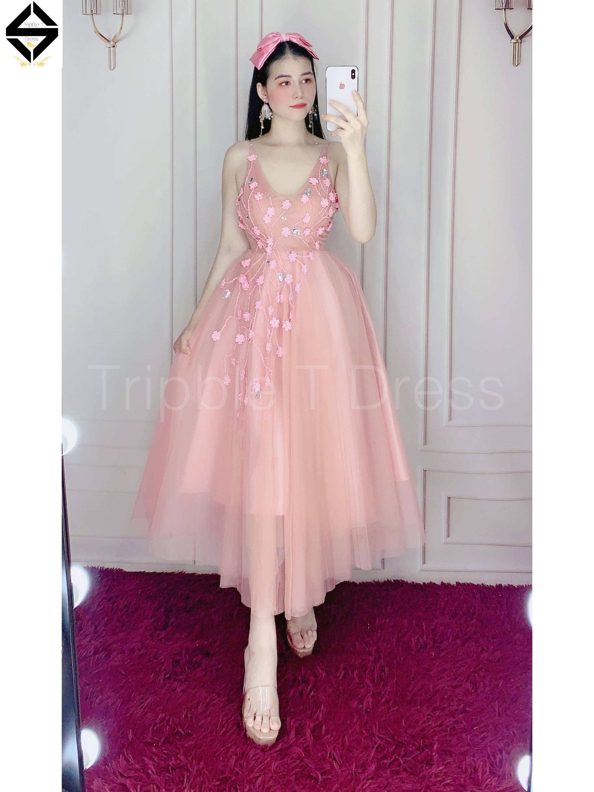 Đầm dự tiệc 2 dây kết cườm và hoa mai nổi TRIPBLE T DRESS - size M/L - MS301V