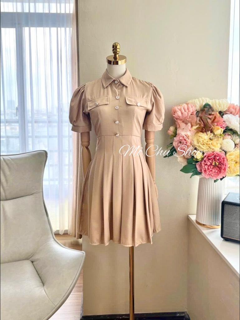 Đầm sơmi xoè xếp ly đính nút
