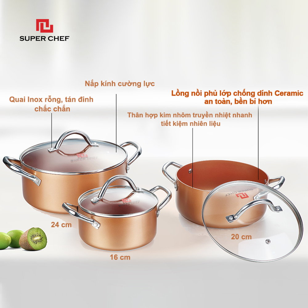 Bộ Nồi Bếp Từ Super Chef Tráng Men Gốm Ceramic Chống Dính An Toàn Sức Khỏe Không Bong Tróc, Hạn Chế Trầy Siêu Bền Bỉ, Dày Dặn Chín Đều Thơm Ngon ( 3 cái 16-20-24Cm)