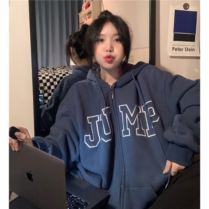 Áo hoodie, Áo khoác nỉ bông dày dặn màu xanh than JUMP khoá kéo zip dày dặn cá tính