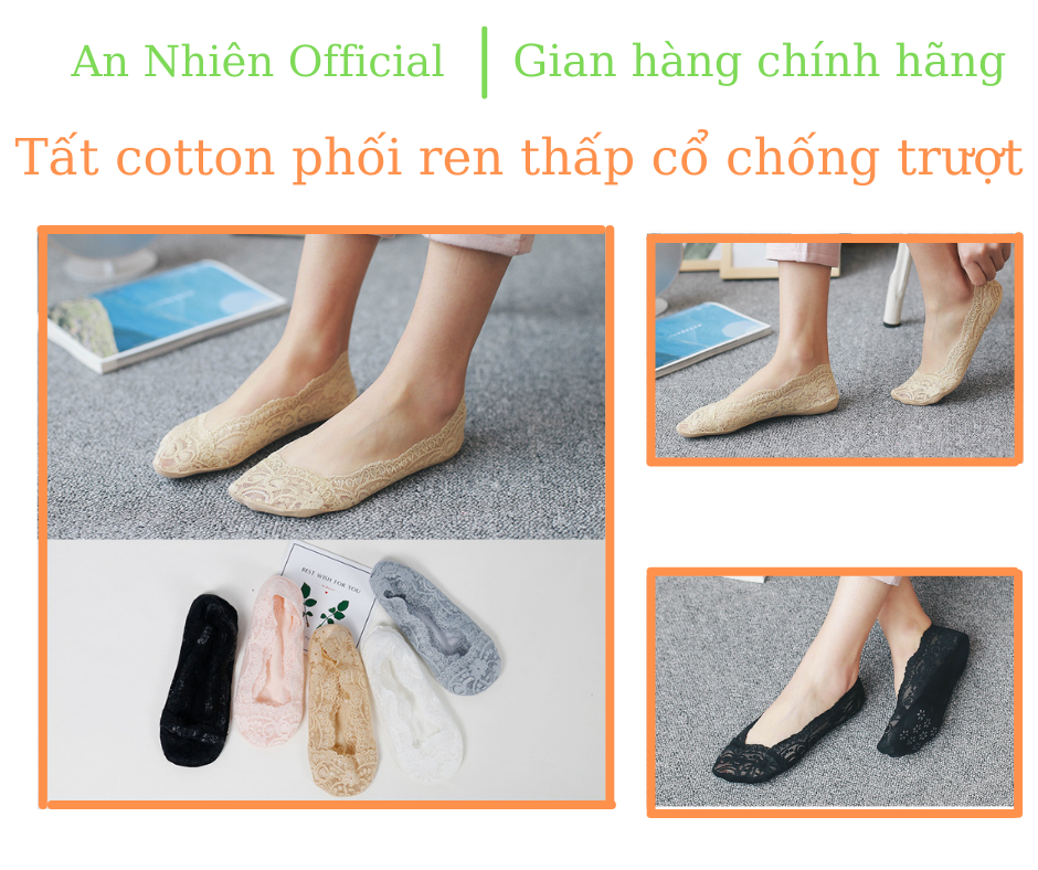 Tất Ren Cotton Cổ Ngắn Chống Trượt Hàng Thiết Kế Cao Cấp Siêu Đẹp Màu Đen, Trắng