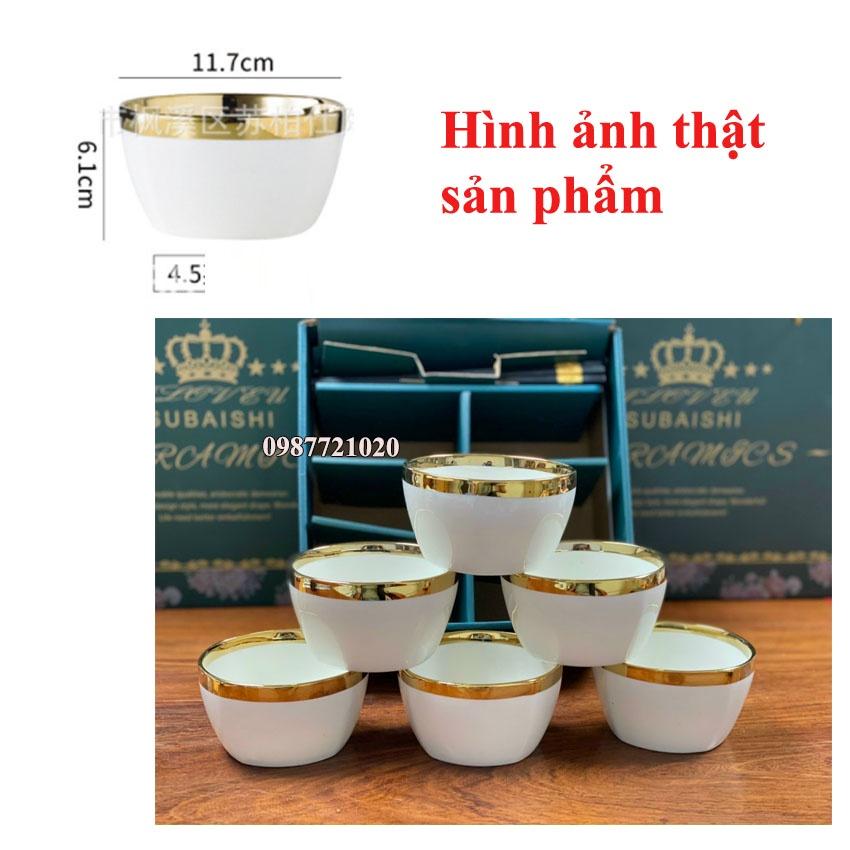 Bộ 6 Bát ăn cơm, chén ăn cơm sứ Viền Vàng hình trụ tặng kèm 6 đôi đũa - Quà tặng tân gia