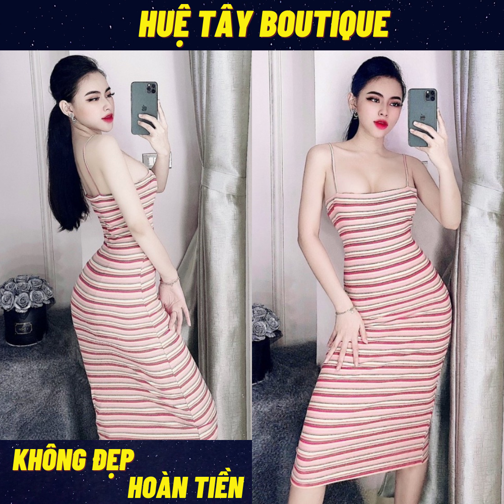 Đầm body nữ, đầm nữ body 2 dây sọc ngang tôn dáng chất thun gân size S M L D-12