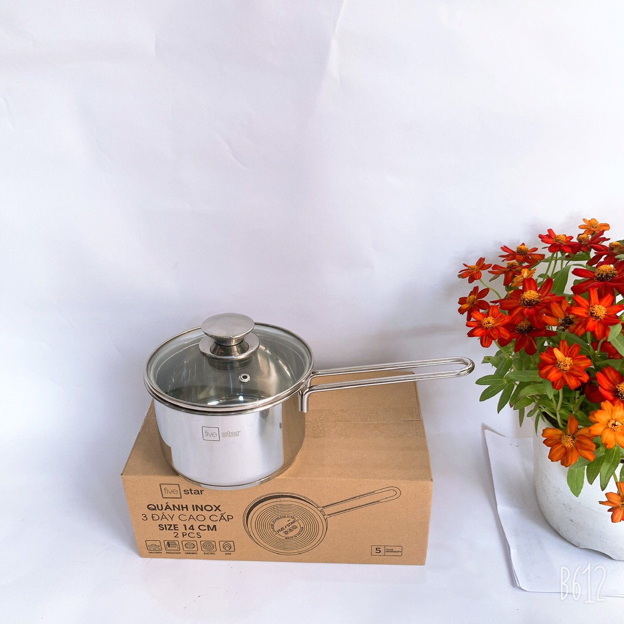 Quánh Nấu Bột Cháo Cho Bé Inox 430 Bếp Từ 3 Đáy Fivestar Nắp Kính + Tặng 5 Muỗng Ăn Inox