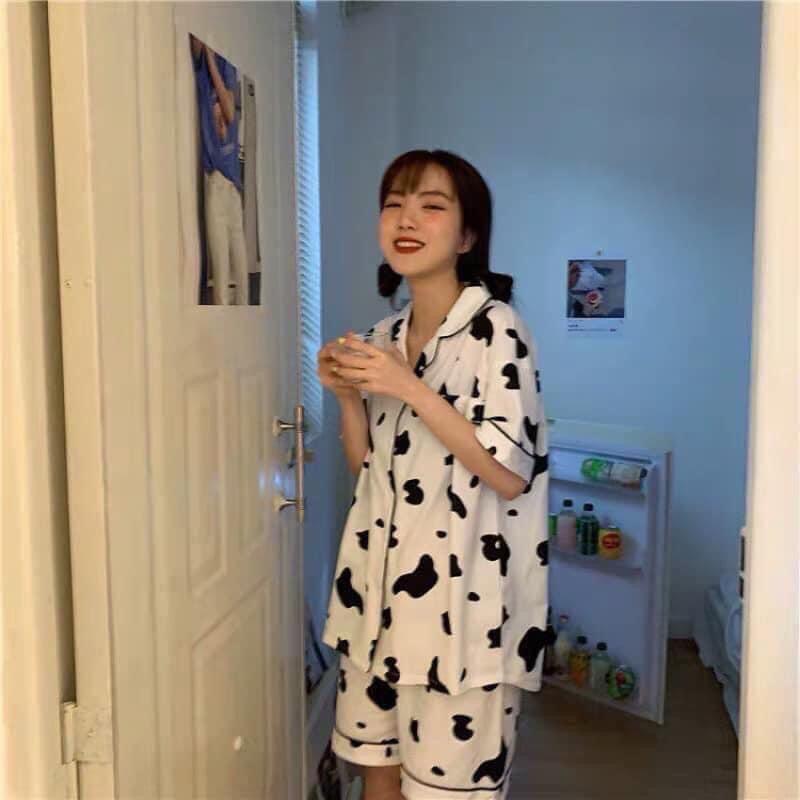 Bộ ngủ Pyjama in hình bò sữa&lt;FREE SIZE&gt; Bộ ngủ nữ siêu xinh,Bộ ngủ hoạt hình(kèm video ảnh thật)