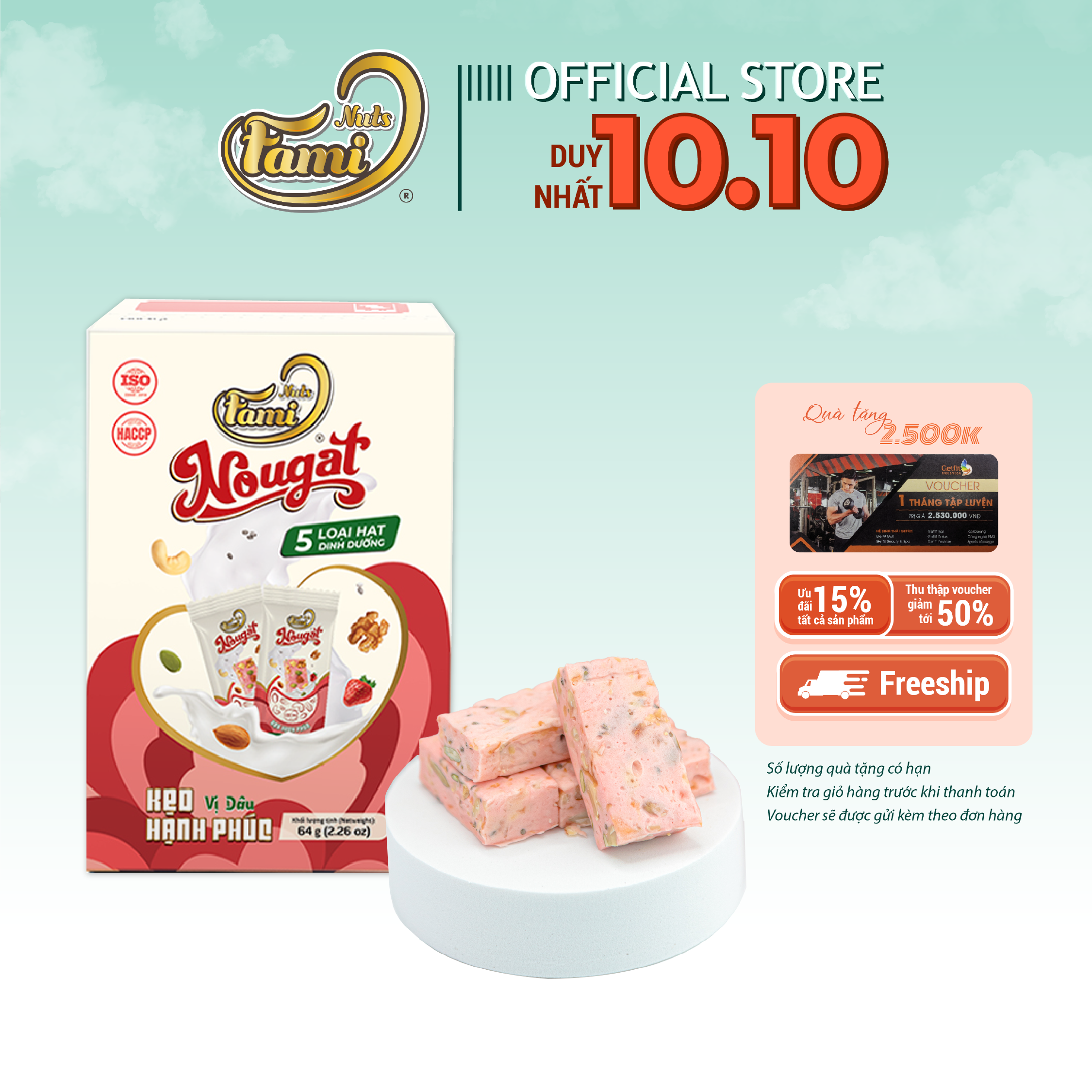 Kẹo Nougat Kẹo ít ngọt - FAMINUTS 5 Loại Hạt Vị Dâu Thơm Ngon